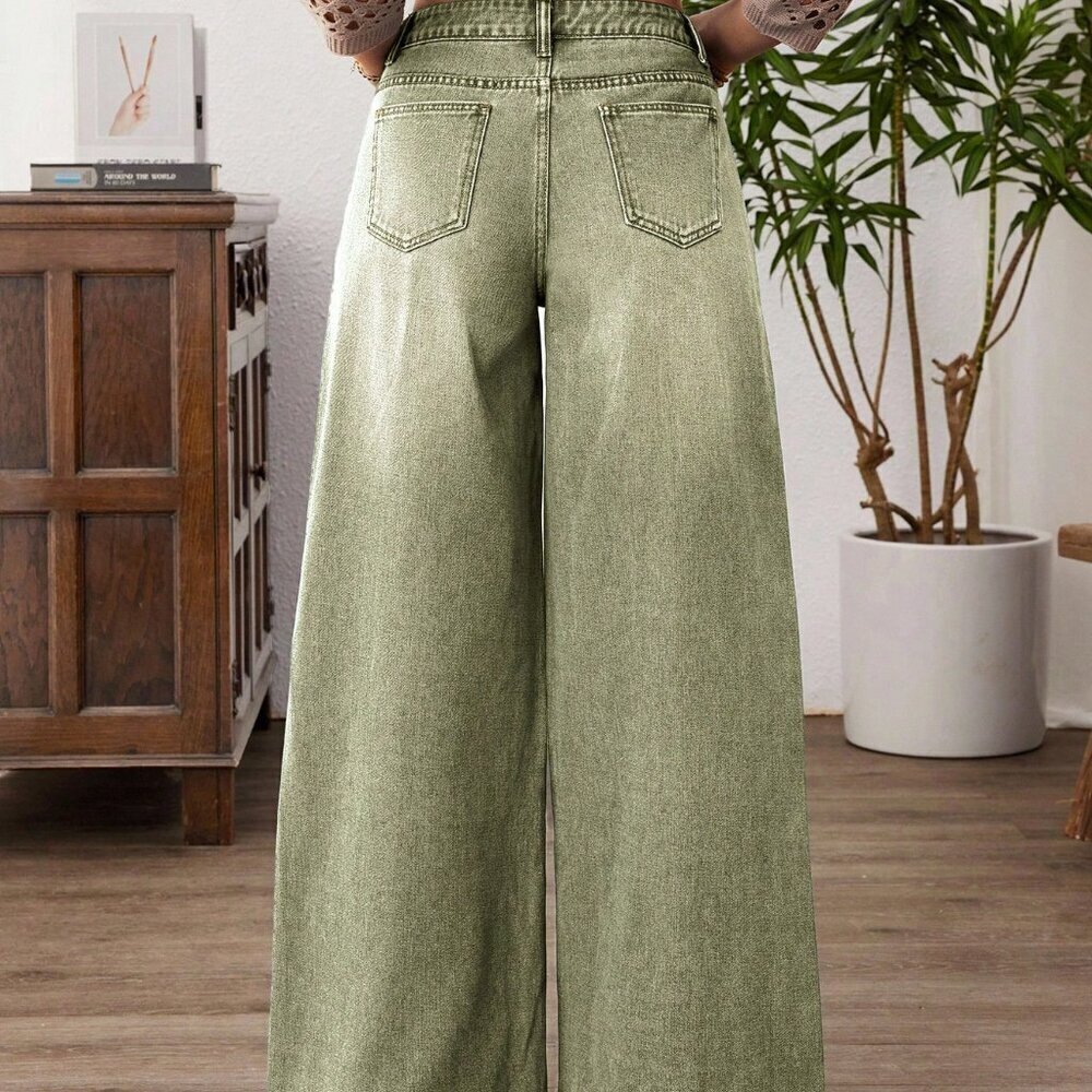 Army Green Casual Women's Wide Leg Patchwork Loose Jeans - Picture 3 of 7